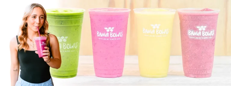 Fresh fruit smoothies at Bahia Bowls with strawberry, banana, and tropical blends
