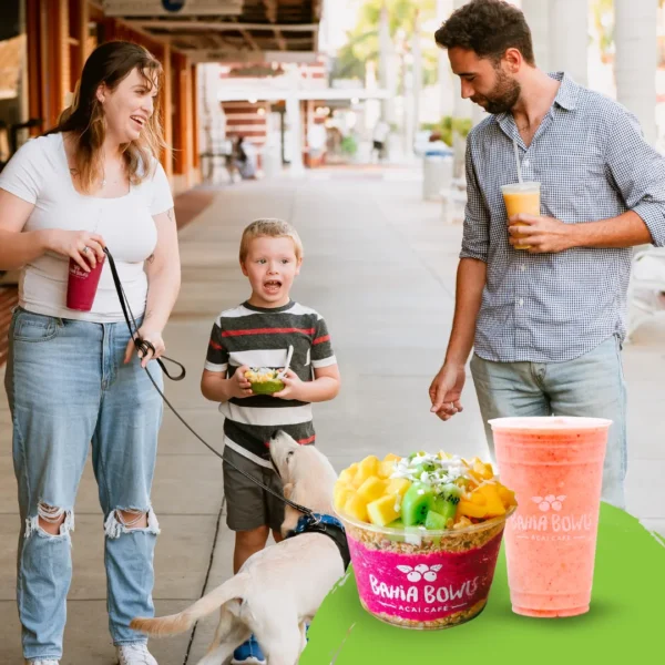 Family enjoying acai bowls and fruit smoothies together at Bahia Bowls, a healthy snack option for kids